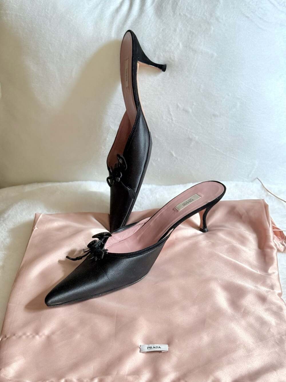 Prada Vintage Black Satin and Suede Kitten Heel Mules with Floral Accents - Picture 4 of 7
